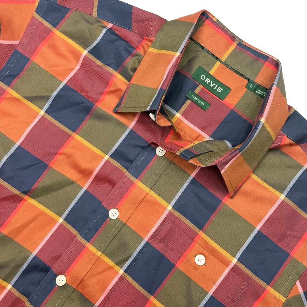 Orvis Classic Fit Plaid Button Front Shirt Mens Large Orange Navy Long Sleeve